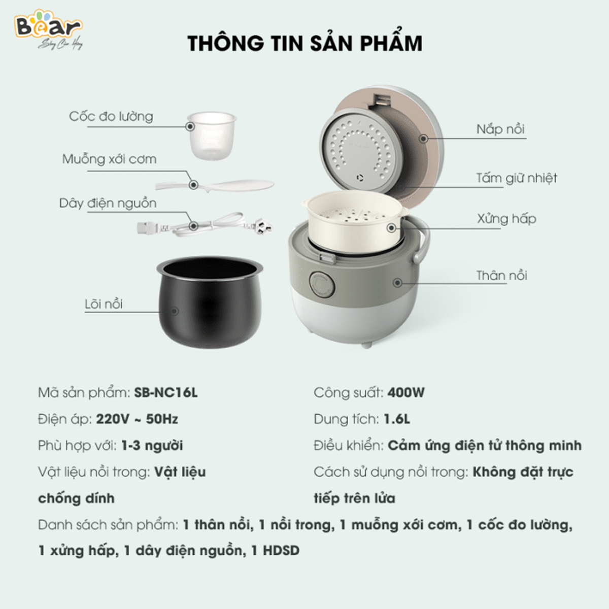 Nồi cơm điện gia đình mini Bear 1 6L SB-NC16L