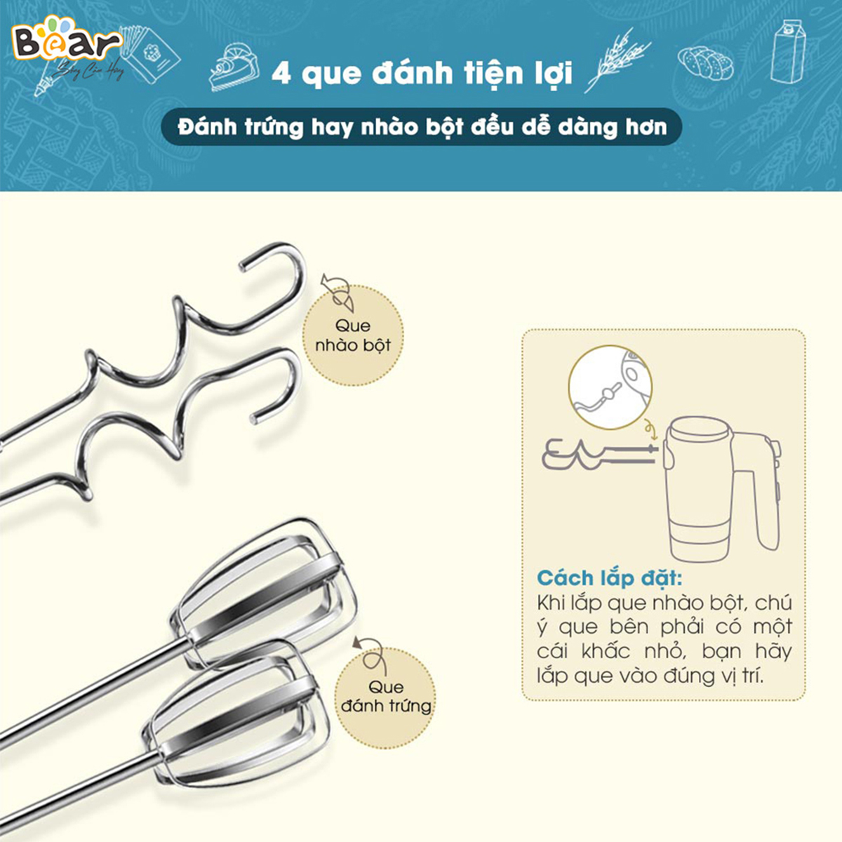 Máy đánh trứng cầm tay 2 in 1 Bear HM- B01V1