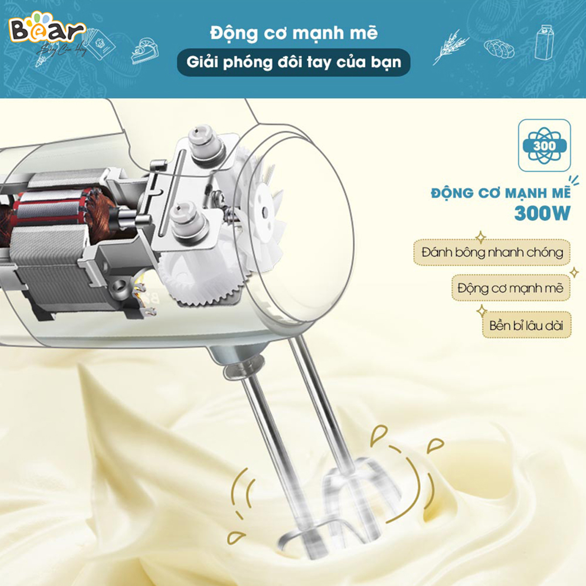Máy đánh trứng cầm tay 2 in 1 Bear HM- B01V1