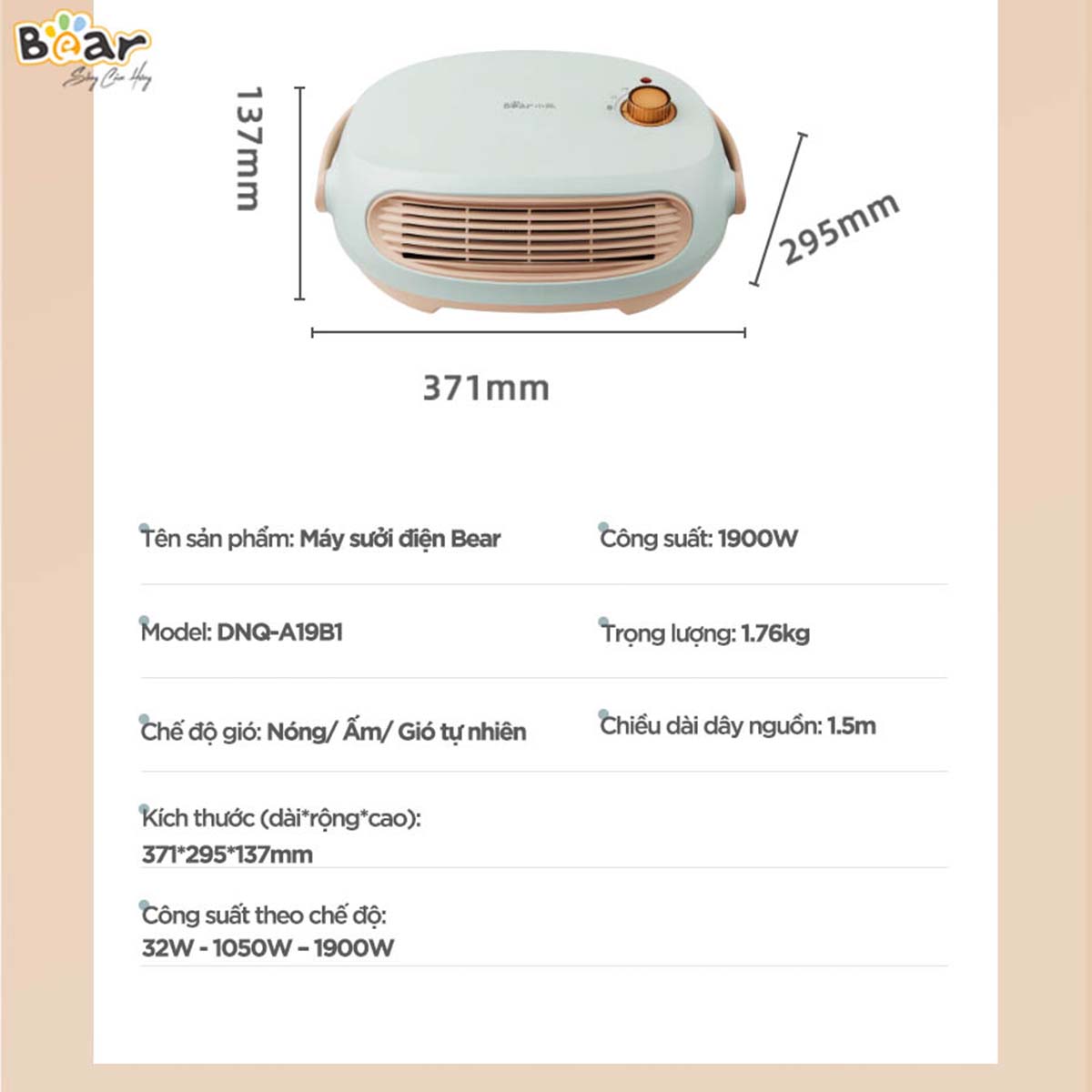 Máy sưởi 3 chế độ Bear DNQ-A19B1