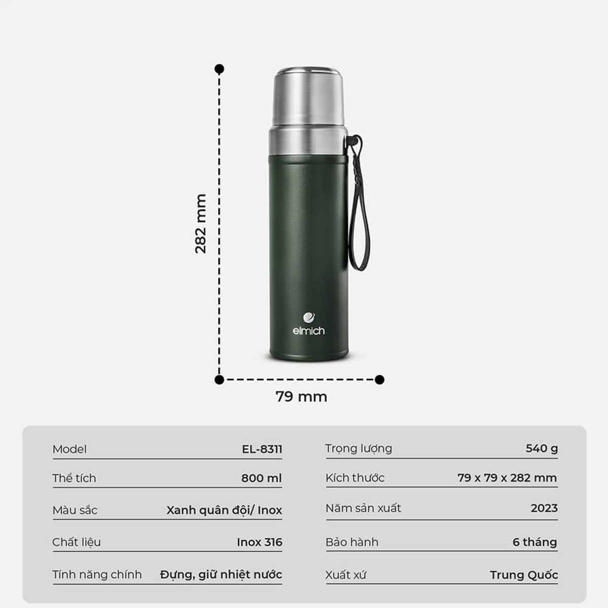 Bình giữ nhiệt inox 316 Elmich EL8311 800ml