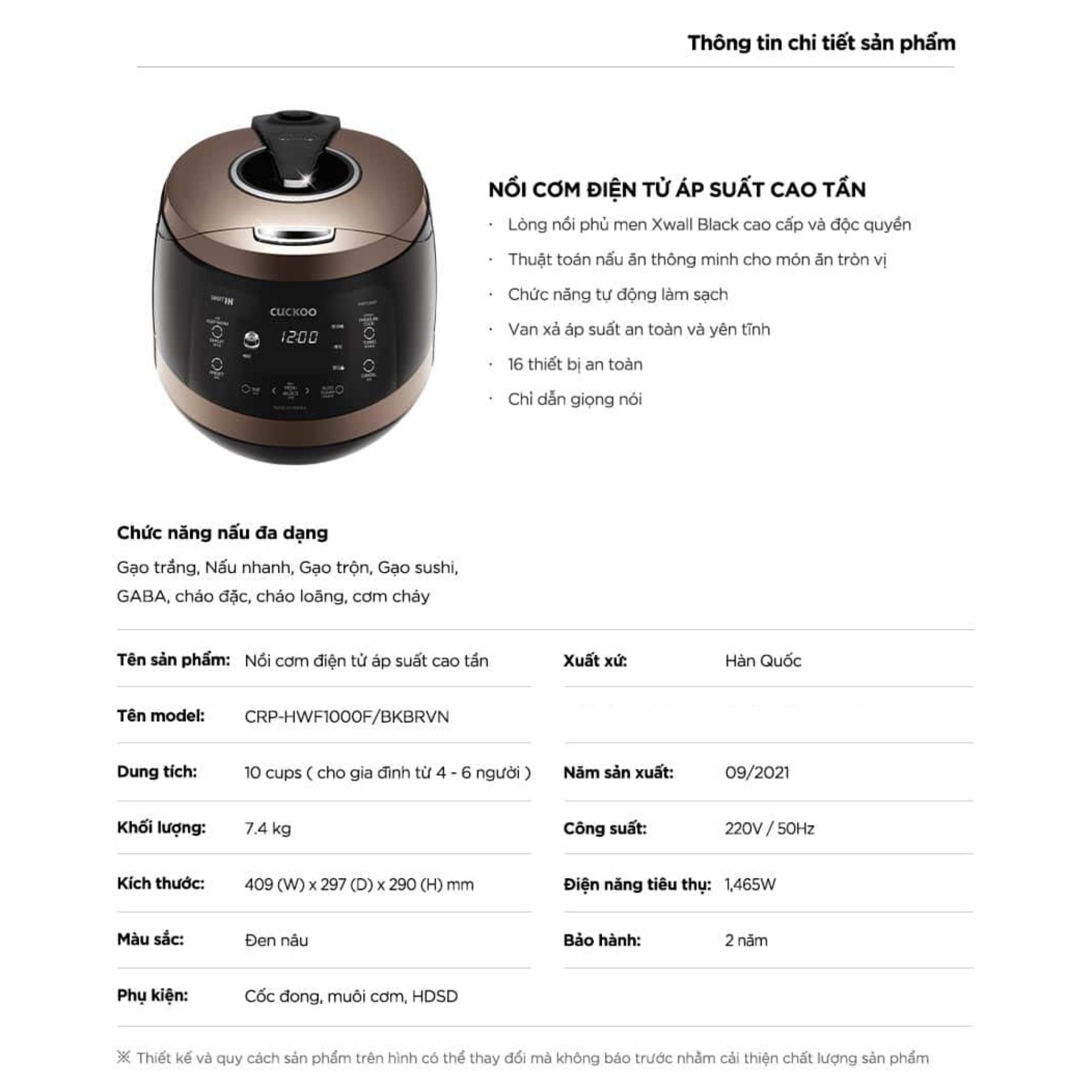 Nồi Cơm Điện Cao Tần Áp Suất CUCKOO CRP-HWF1000F 1 8L - Chuẩn Mực Dinh Dưỡng