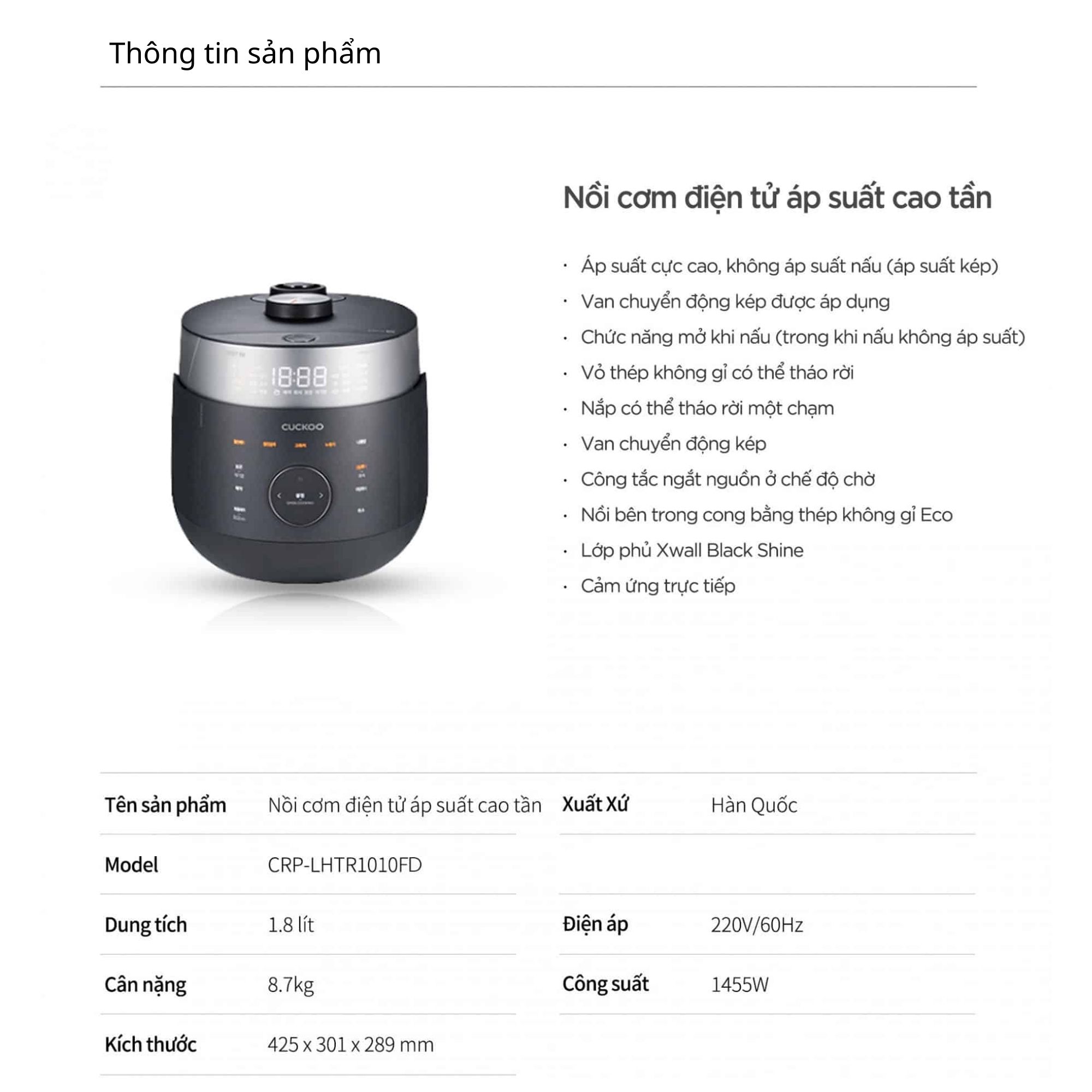 Nồi Cơm Điện Cao Tần CUCKOO CRP-LHTR1010FD 1 8L - Giải Pháp Nấu Nướng Hoàn Hảo Cho Gia Đình Hiện Đại